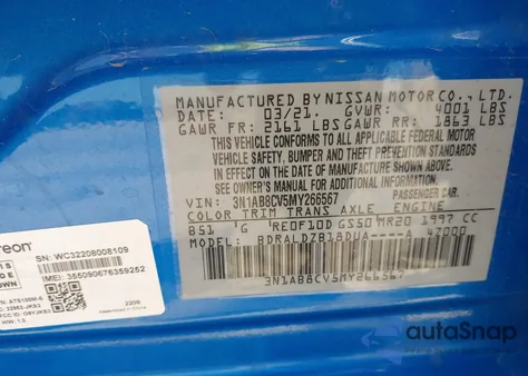 2021 Nissan Sentra Sv Xtronic Cvt z USA, uszkodzony, nr VIN 3N1AB8CV5MY266567